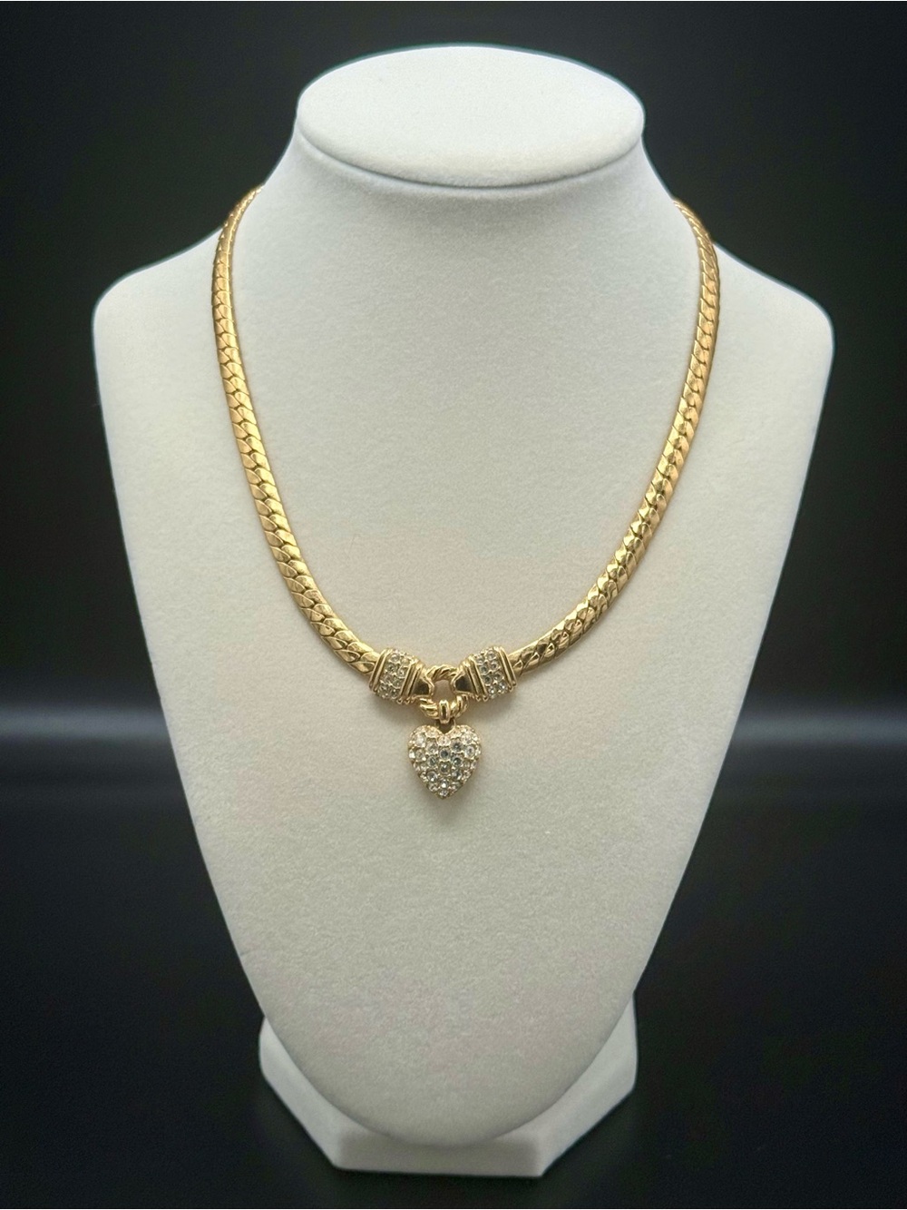 Vintage Swarovski Swan Signed Pave Crystal Heart Gold Herringbone Necklace